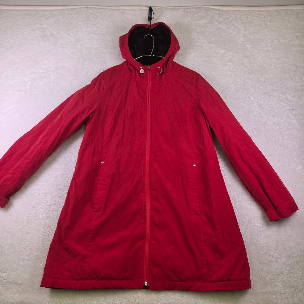 KC Collections Red Hooded Parka Jacket Womens Large Full Zip Faux Fur Lined Hood